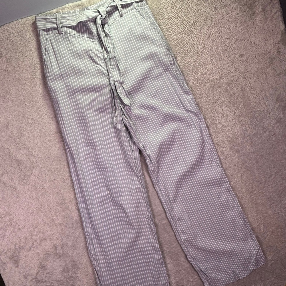 Baldwin Women Pants 8 Blue White Pinstripe Wide Leg High Rise Tie Waist Trousers